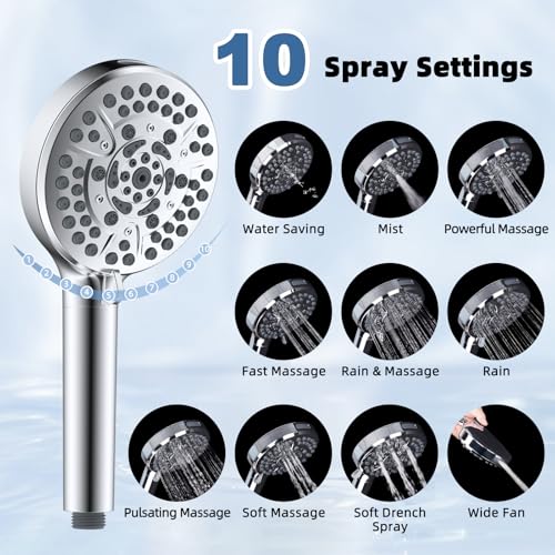 Image of Metal 10 inch Rain Shower Head with Handheld, High-Pressure Showerhead,10-Mode | Chrome, Rainfall Shower Head with 5 inch Large Handheld Spray, Adjustable 16 inch Shower Extension Arm /71 inch Hose, Brass 3-Way Diverter