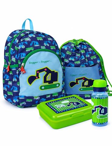 Familando Kindergarten Rucksack Set 4tlg. mit Turnbeutel, Dose und Trinkflasche Bagger