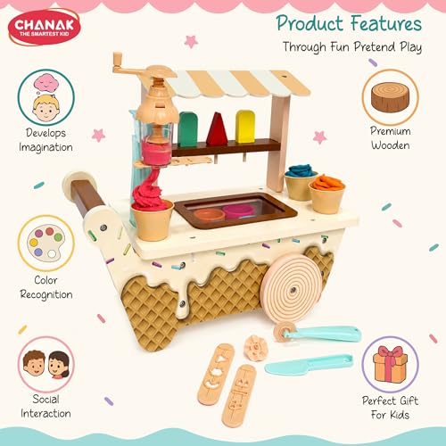 Image of Chanak Play Dough Ice Cream Maker Set, Safe Non-Toxic Wooden Ice Cream Cart Toy with Clay Machine for Kids 3+, Montessori Pretend Play Toy Cafe, Perfect Learning Gift Ice Cream Toys for Girls & Boys