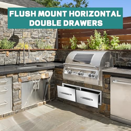 Image of Outdoor Kitchen Drawers 30 inch W x 10 inch H x 20 inch D Stainless Steel Drawer Horizontal Double Drawers with Chrome for Outdoor Kitchen Island, Patio Grill Station