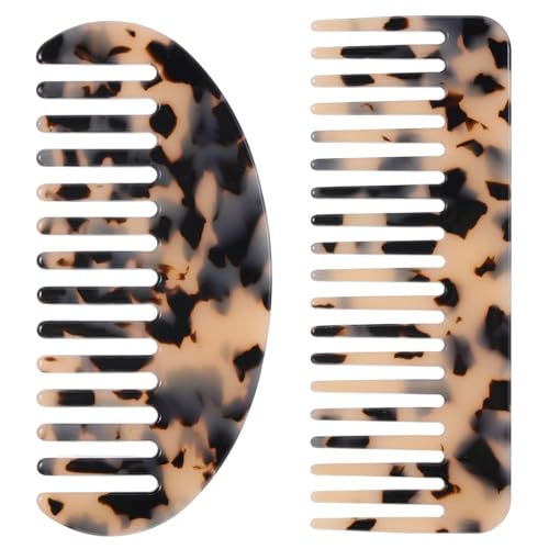 2pcs Large Wide Tooth Tortoise Shell Comb Hair Detangling Comb French Wide Tooth Pocket Combs for Women Thick Curly Wavy Wet Dry Hair Large Acetate Combs