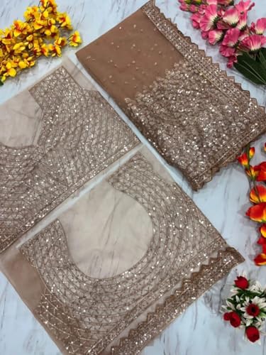 Image of Naari Women's Brown Beige Chiku Net Gold Sequence Saree With Blouse (Soneri New 3)