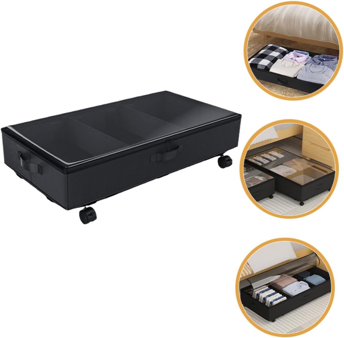 Bed Storage Bin with Wheels, Large Capacity Oxford Cloth Clothes Organizer Box with 3 Compartments, Dustproof Quilt and Storage Container for Home Bedroom