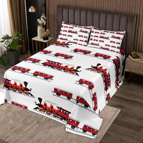 Colcha de tren rojo, tamaño individual, juego de ropa de cama de dibujos animados Choo-choo de 2 piezas para decoración de habitación de niños y niñas, juego de edredón moderno de coche de motor de