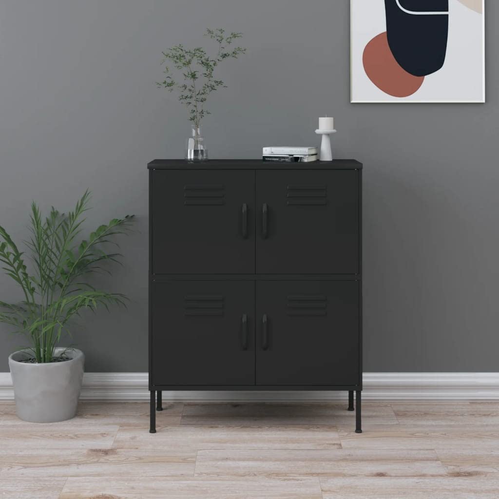 Armario de almacenamiento negro de acero 80 x 35 x 101,5 cm con 4 puertas y 2 estantes ajustables en altura, con cerradura, con niveladores, ideal como archivador, armario de almacenamiento