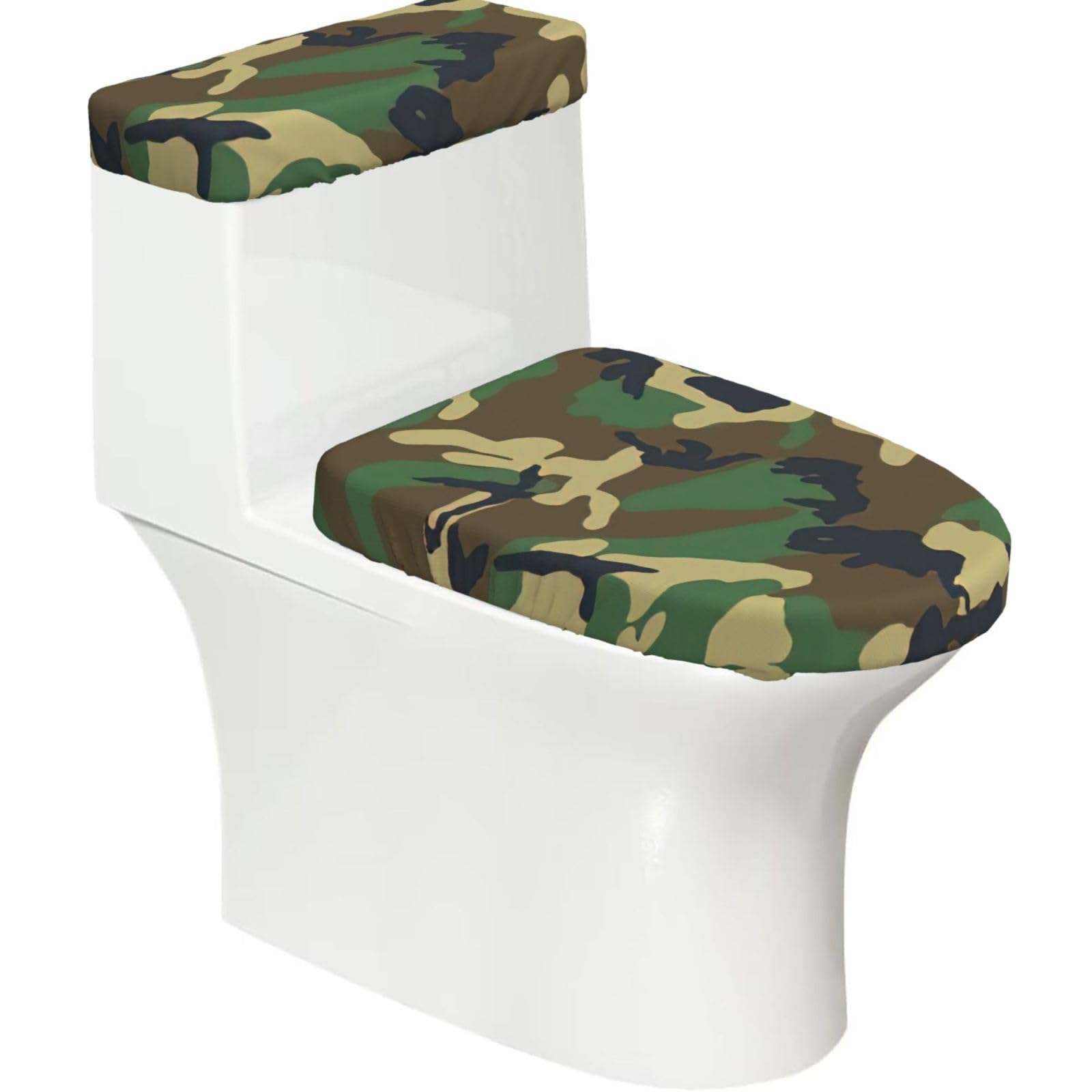 Green Military Camo Print Stretch Toilet Covers Set, Polyester Covers Replacement For Fits Most Size Lids Bathroom Decor