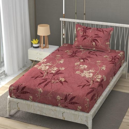 Image of Premium Heavy Cotton Elastic Fitted Bedsheets with 1 King Size Pillow Covers | Single Bed with All Around Elastic 350 TC | 36 x 78 x 6 Inch Single Size Fitted | - Maroon Flower