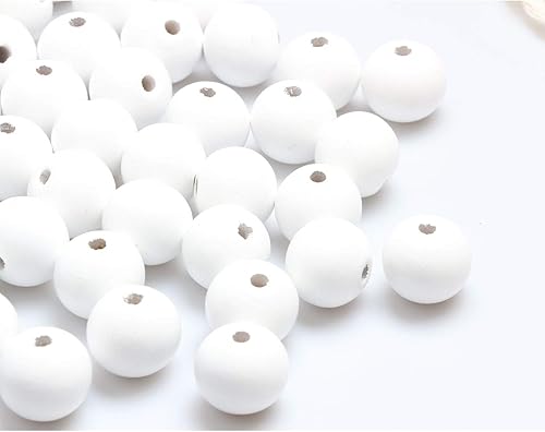 Cuentas de madera blanca de 0.984 in, perlas sueltas pintadas lisas espaciadoras para granjas artesanías, 50 unidades (agujero de 0.177 in)