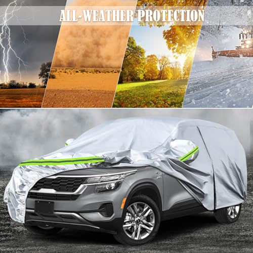 Image of Waterproof Car Covers Replace for 2020-2025 Kia Seltos, 6 Layers Silver All Weather Car Cover with Zipper Door & Windproof Bands for Snow Rain Dust Hail Protection