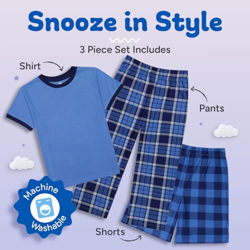 Image of US Angels Boys Pajamas Set | 3-Piece Pant, Shirt, Shorts Sleepwear Pjs for Kids | Loose Fit, Soft, Breathable Blue Plaid