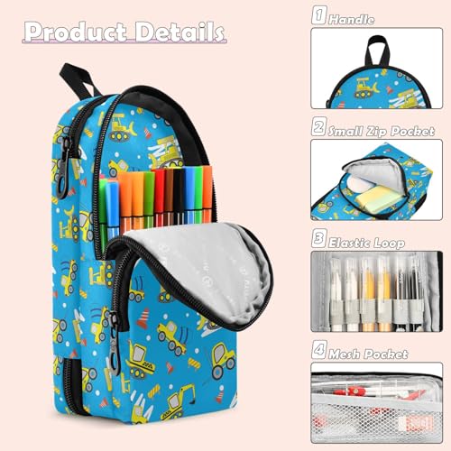 Image of ZAZYXTJ Cute Construction Car Truck Standing Large Capacity Pencil Case 3 Compartment Pen Pouch Storage Canvas Makeup Bag for School Office Teen Girl Boy Men Women