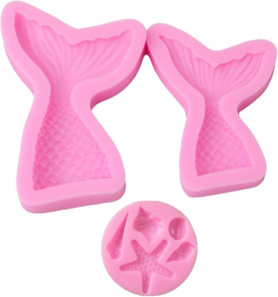 Silicone Molds for Baking, Set of 3pcs Fondant Molds Ocean Series Mermaid Tail Seashell Starfish DIY Fondant Moulds Cake Molds for Jelly Sugar Chocolate Fondant Cooking Molds