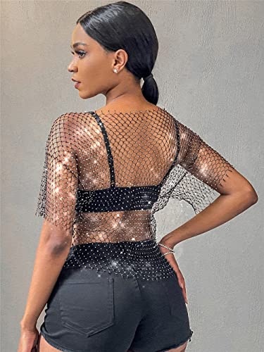 Formery Mesh Rhinestone Cover Ups Black Crewneck See Through Coverup Top Music Festival Party Cover Ups Body Chain for Women4