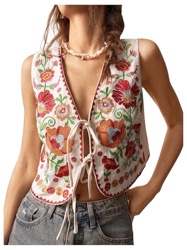 GORGLITTER Women's Tie Front Embroidered Floral Vest Tops Sleeveless Cardigan Boho Western Outfits