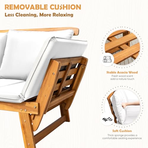 Greesum Patio Convertible Couch Sofa Bed With Adjustable Armrest, Acacia Wood Outdoor Daybed With Cushion & Pillow thumb #5