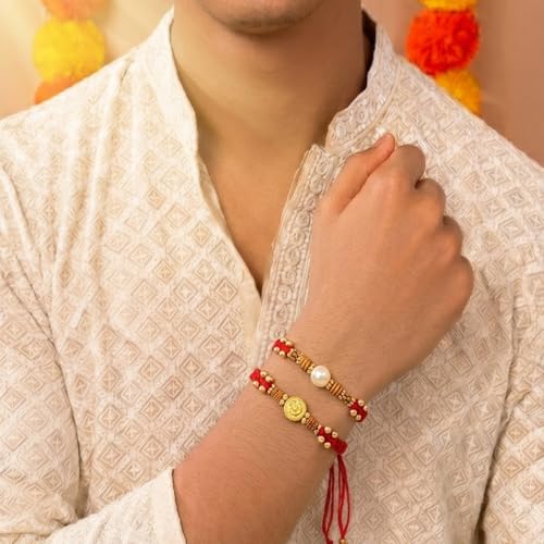 Image of Peora Rakhshabandhan Thread Rakhi for Brother Bhaiya | Kundan Beads & Crystal Studded | Combo Set of 2 | Rakhi Hamper Roli Chawal & Greeting Card