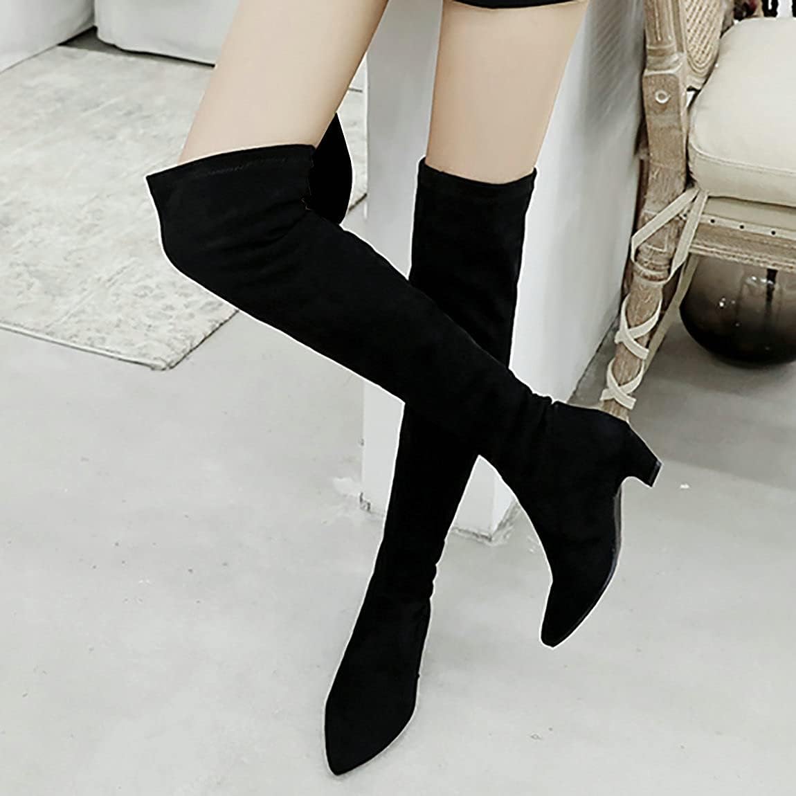 Trendenzy Womens Pointed Toe Kitten Heel Thigh High Boots Faux Suede Stretch Over The Knee Boots