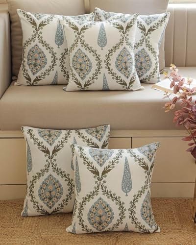 Image of Clasiko Set of 5 Cushion Covers 16x16 Inch - Duck Cotton Decorative Cushion Covers Ivory Vintage Floral