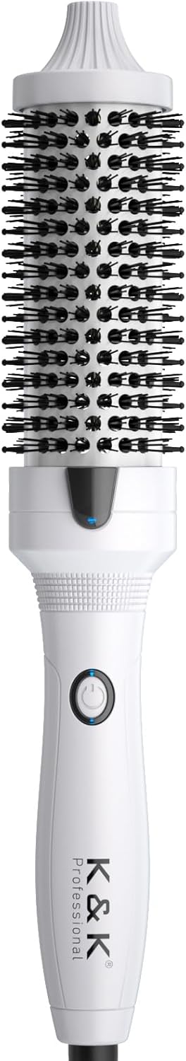 K&K Blowout Boost Thermal Brush, 1.5 inch Heated Round Brush for Blowout Look, Negative Ion Technology, Ceramic Tourmaline, Dual Voltage, White