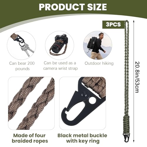 Image of 3 Pieces Lanyard Keychains, Paracord Lanyard, Heavy Duty Braided Paracord, Braided Wrist Strap, Necklace Whistles Straps, Men Nylon Rope for Necklace, Keyring, Camera Wall(Black, Brown, Green)