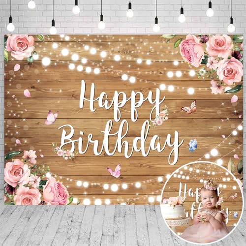 Telón de fondo floral de madera rústica para cumpleaños, pared de madera con purpurina, flores rosas, fondo de fotografía para niñas, mujeres, recién nacidos, niños, fiesta de cumpleaños, decoración