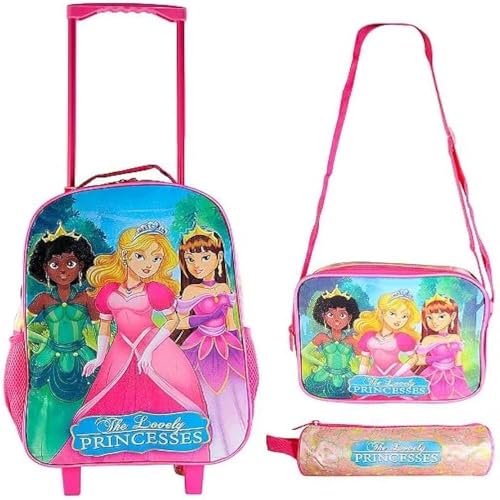 Mochila com rodinhas, lancheira e estojo das princesas, rosa, completa