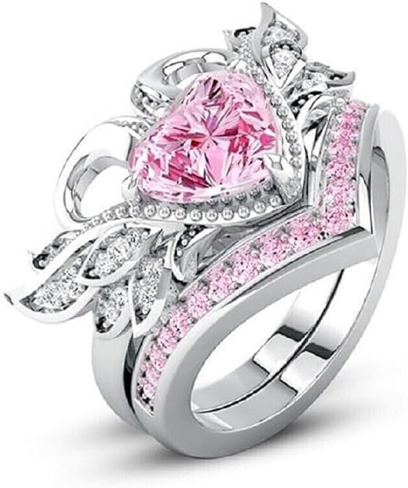 925 Sterling Silver Heart Cut Pink Tourmaline & Diamond Swan Design Engagement Bridal Wedding Ring Set for Women In 14K White Gold Finish