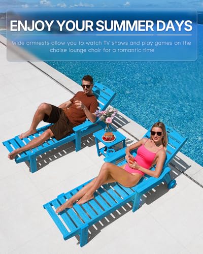 Image of Patio Chaise Lounge Chair Set of 2, Oversize Lounge Chairs with Wood Texture& Rolling Wheels, HDPE 6-Position Plastic Lounge Chairs for Poolside, Patio, Deck, Beach,Pacific Blue