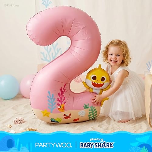 Image of PartyWoo Baby Shark Pink Foil Number 2 Balloon 40 Inch Pink Mylar Helium Birthday Number Balloons for Girls and Boys Baby Shark Under the Sea Ocean Theme Kids Second Birthday Party Decorations