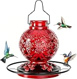 Glass Hummingbird Feeder for Outdoors, 24Oz Decorative Hanging Hummingbird Nectar Feeder, Leak Proof Durable Wild Bird Feeders, Hummingbird Gifts for Women & Mom, Garden Decor Window Feeder, Red