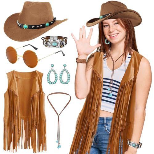 Kodepro 6 Pcs Western Cowgirl Accessories Set for Women 70s Hippy Fancy Dress Kit with Tassel Vest Cowboy Hat Round Glasses Turquoise Earrings Necklace Bracelets for Hippie Theme Party