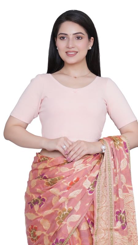 Image of Mlada V-Neck Stretchable Saree Blouse Top for Women | Slim Fit Short Sleeves Solid Cotton Blouses | Readymade Saree Blouses for Women Festive & Ethnic | Blouse Crop Top