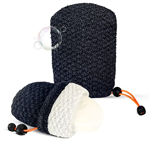 Sac à savon exfoliant en bambou double couche MIG4U noir pour douche x2