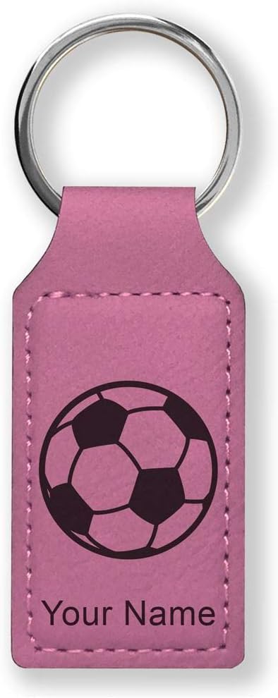 LaserGram Rectangle Keychain, Soccer Ball, Personalized Engraving Included (Pink)