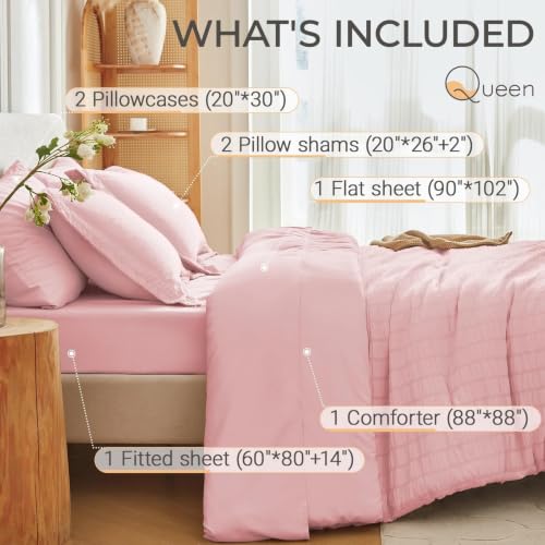 Image of MUXHOMO Pink Queen Comforter Set 7 Pieces, Seersucker Bed in a Bag Queen Size, All Season Luxury Bedding Set with Comforter, Flat Sheet, Fitted Sheet, Pillowcases & Shams