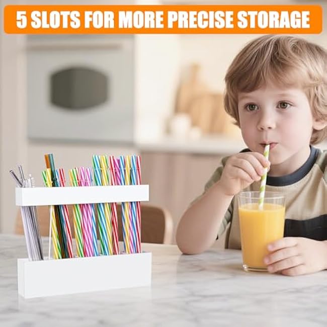 Acrylic Straw Holder For Cabinet Door,Adjustable Acrylic Straw Organizer with 5 Large Compartments,Reusable Tumbler Straws Applicable counter Door Storage Dispenser for Kitchen Counter (White)