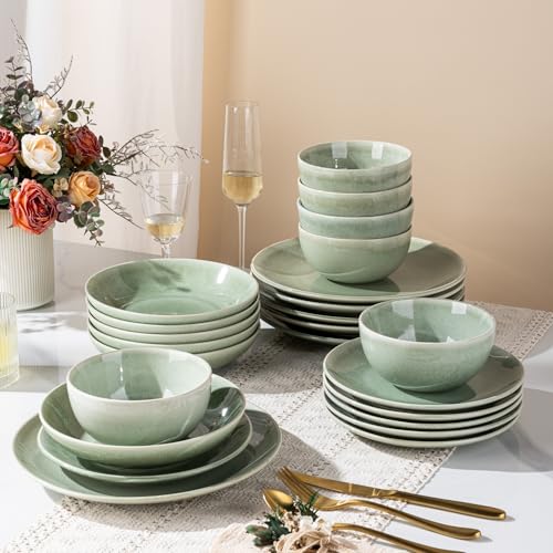Image of GBHOME Dinnerware Sets For 6, 24Pcs Stoneware Plates and Double Bowls Sets, Dishwasher&Microwave Safe