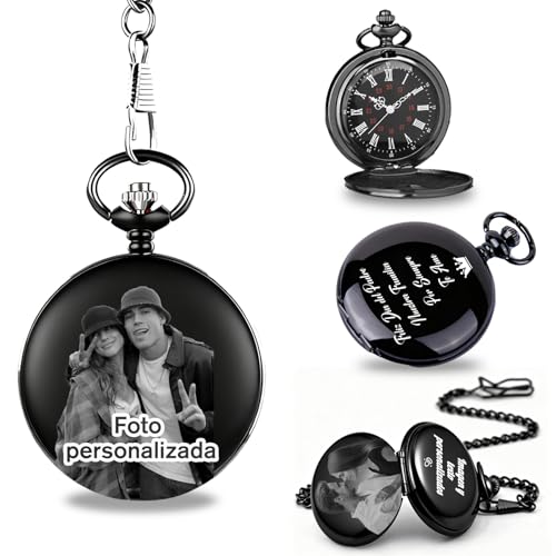 RSQGT Reloj de Bolsillo Personalizado para Hombre con Cadena, Grabado Láser con Foto y Texto a Doble Cara, Regalo para Padrino, Hijo o Padre de la Novia, Estilo Vintage (Personalización de Texto)