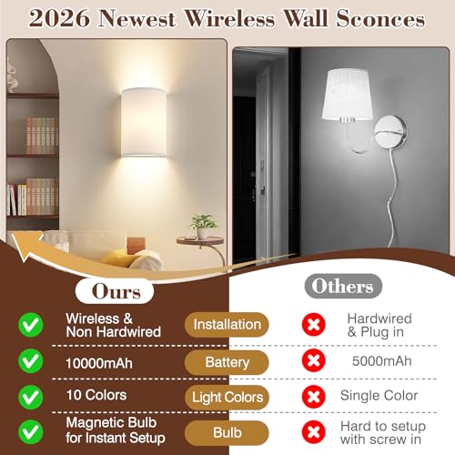 Image of Battery Operated Wall Sconce Set of Two: 10000mAh Wireless Wall Light with Rechargeable Magnetic Bulb - Dimmable Wall Lamp with 7 RGB Colors - Linen Shade Sconces with Remote for Bedroom Living Room