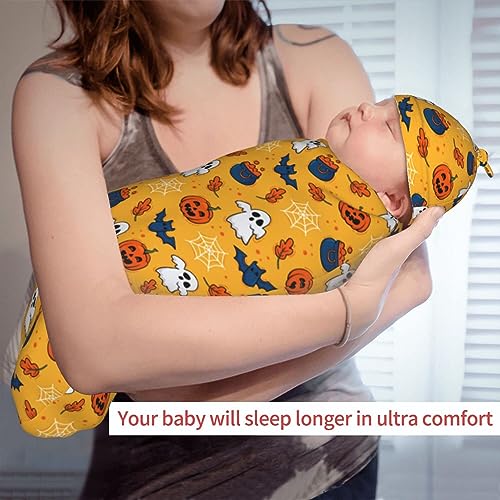 Image of Halloween Newborn Swaddle Blanket with Hat Sets Newborn Receiving Blanket for Boy Girl Swaddle Sack Shower Infant Gift