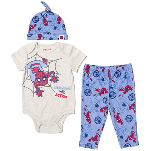 Image of Marvel Avengers Hulk Captain America Spider-Man Baby Bodysuit Pants and Hat 3 Piece Outfit Set Newborn to Infant