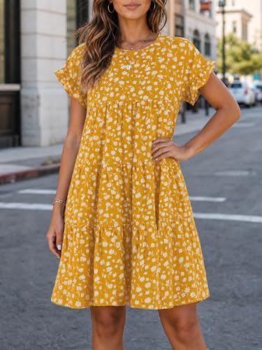 Image of Imysty Womens Boho Floral Ruffle Sleeve Babydoll Loose Flowy Casual Summer Pleated Mini Dress