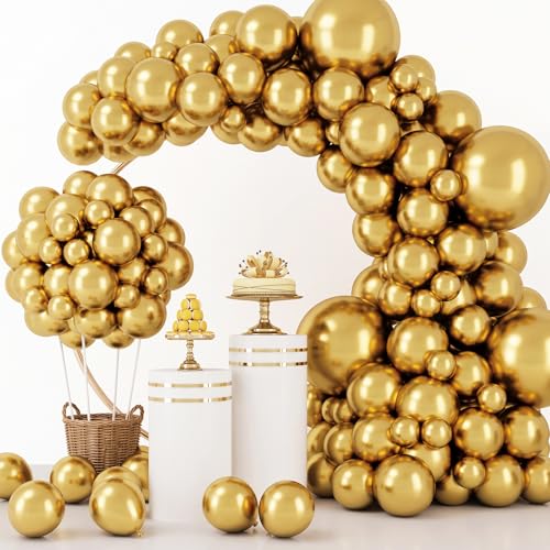 RUBFAC Gold Balloons 129pcs Different Sizes 18 12 10 5 Inch, Metallic Gold Balloon Garland Arch Kit for Graduation Party Wedding Holiday Happy Birthday Decoration