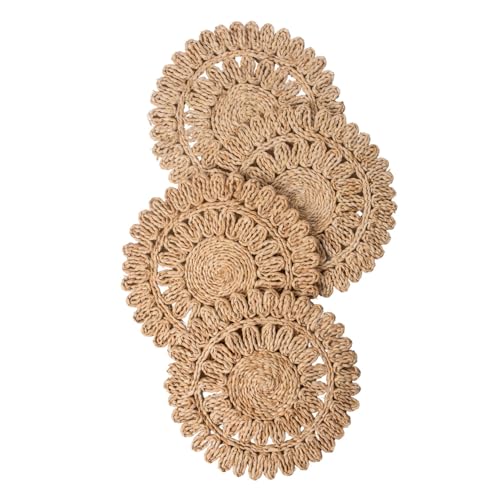 Image of Laquedecraft 11.8 inch Set of 4 Round Corn Husk Placemats | Boho Woven Rattan Table Mats | Farmhouse Wicker Spring Plate Chargers Like Water Hyacinth, Seagrass for Wedding, Party, Christmas, Events