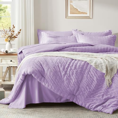 Image of Zzlpp Full Comforter Set 7 Pieces, Light Purple Seersucker Bed in a Bag with Comforter, Pillow Shams, Pillowcases, Flat Sheet, Fitted Sheet