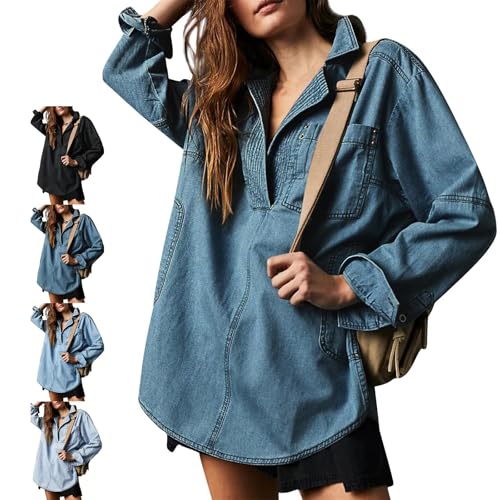 Women's Denim Pullover Casual Button V Neck Blouse Loose Fit Long Sleeve Jean Jacket Tops Shirt with Pocket