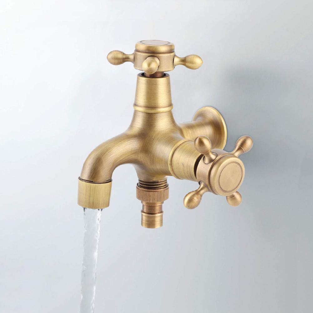 Haofy Grifo de Agua de Rosca G1/2in, Grifo de Cobre Simple para baño, Lavadora, Fregadero, Grifo de Agua para Piscina con Doble Salida de Agua, Oro Retro