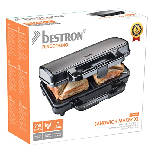 Foto von Bestron XL Sandwichmaker, Antihaftbeschichteter Sandwich-Toaster für 2 Sandwiches, inkl. automatischer Temperaturregelung & Bereitschaftsanzeige, 900 Watt, Farbe: Titangrau