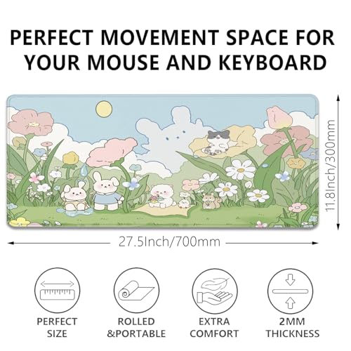 Image of Cute Cartoon Bear Rabbit Cat and Flowers Extended Desk Pad Mouse Pad,Stitched Edges Non-Slip Rubber Base XL Mouse Mat Desk Mat for Office Home Work Floral Mousepad(27.5X11.8 Inch)