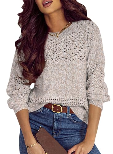 Image of SHEWIN Women's Sweaters Casual Long Sleeve V Neck Crewneck Lightweight Crochet Pullover Sweater Tops